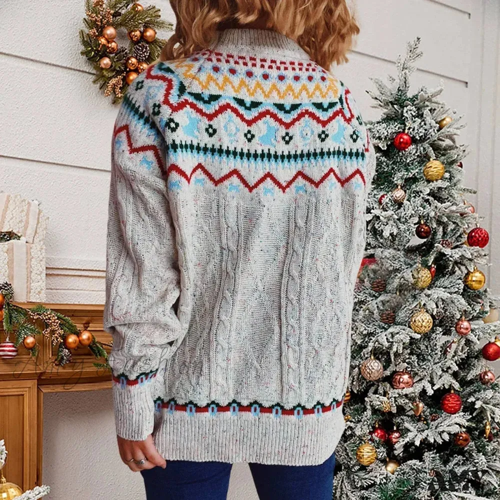 Striped Long Sleeve Jacquard O-Neck Loose Christmas Sweater