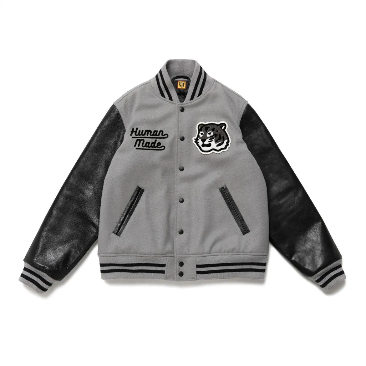 Tiger Embroidery Leather Sleeves Wool Baseball Jacket Cotton Jacket