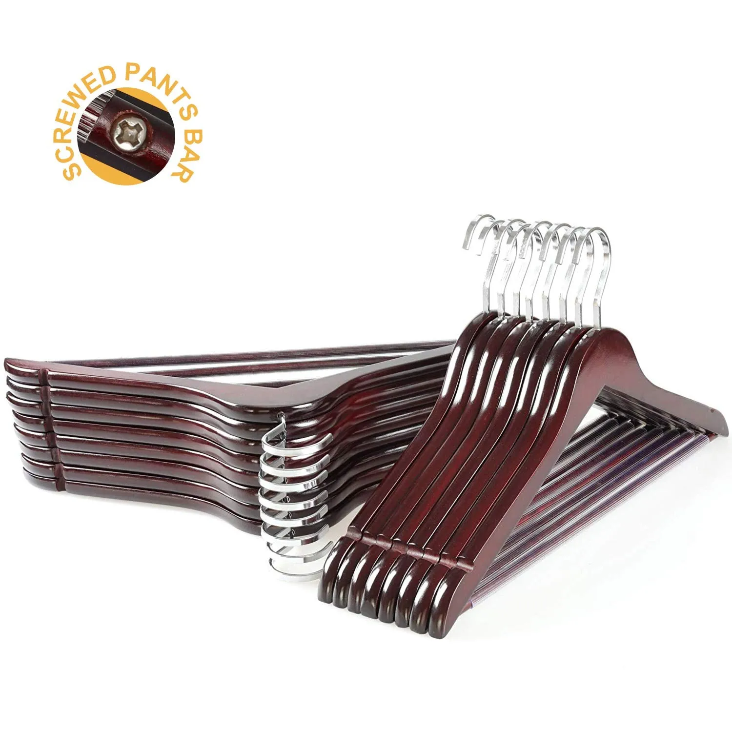 TOPIA HANGER Extra Strong Cherry Wooden Suit Hangers, Solid Wood Coat Hangers, Glossy Finish with Extra Thick Chrome Hooks & Anti-slip Bar, 16-Pack CT01M