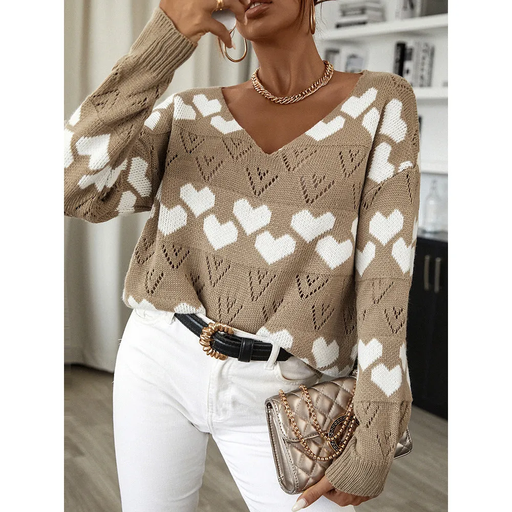 V-Neck Love Pattern Fashion Sweater