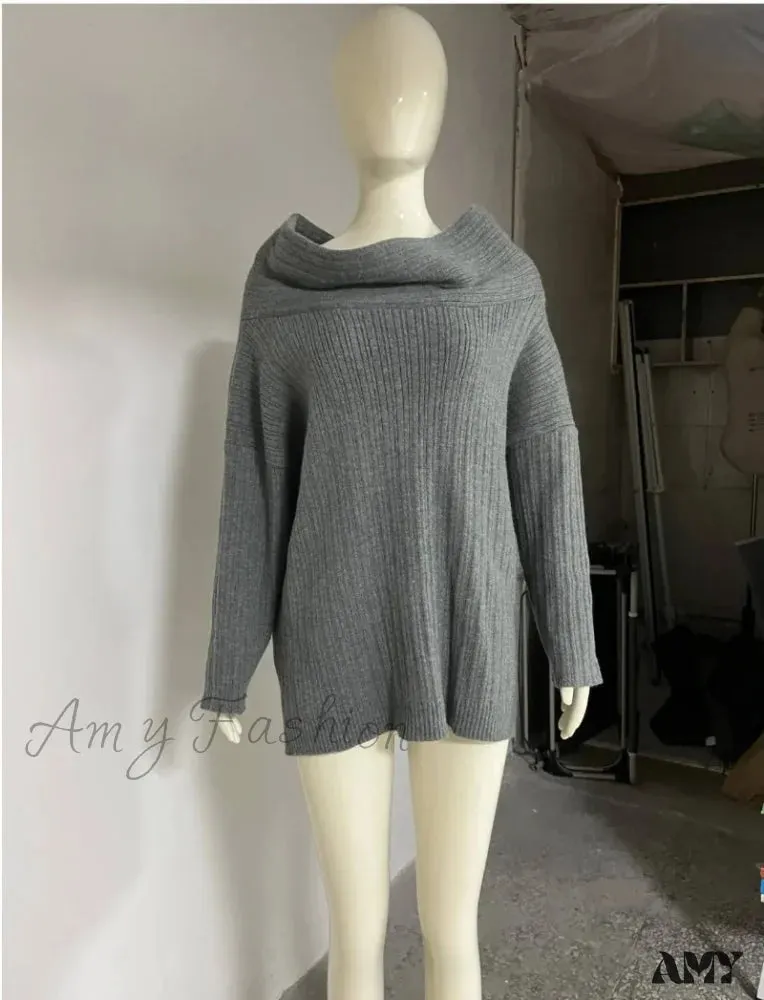 Women Knitted Pullovers 2024 Fall Winter Ribbed Off Shoulder Long Sleeve Loose Casual Oversized Streetwear Sweater