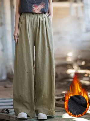 Women Solid Fleece-lined Wide-leg Pants