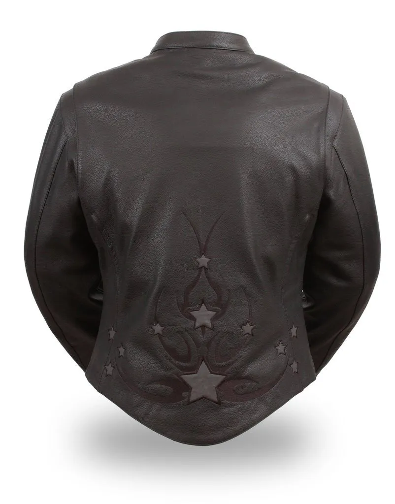 Women's Biker front back Reflective star leather jacket thick leather