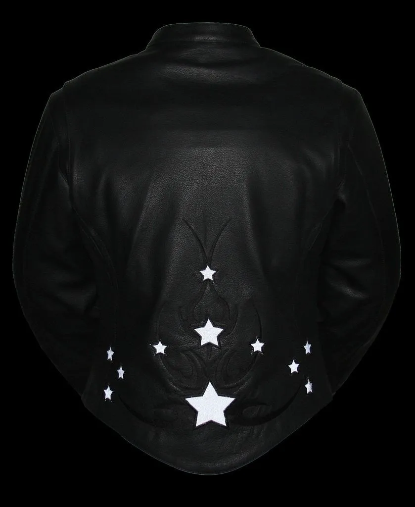 Women's Biker front back Reflective star leather jacket thick leather