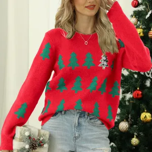 Women's Jacquard Christmas Tree Long Sleeve Red Christmas Sweater