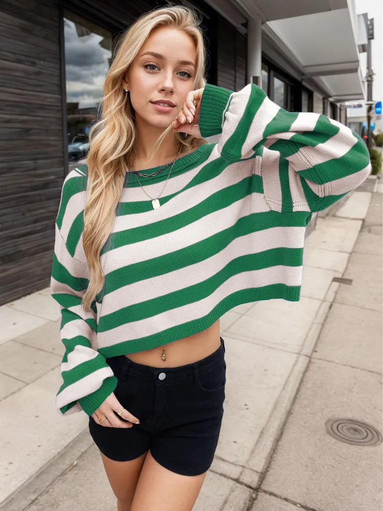 Women's Pullover Sweater Striped Loose Short