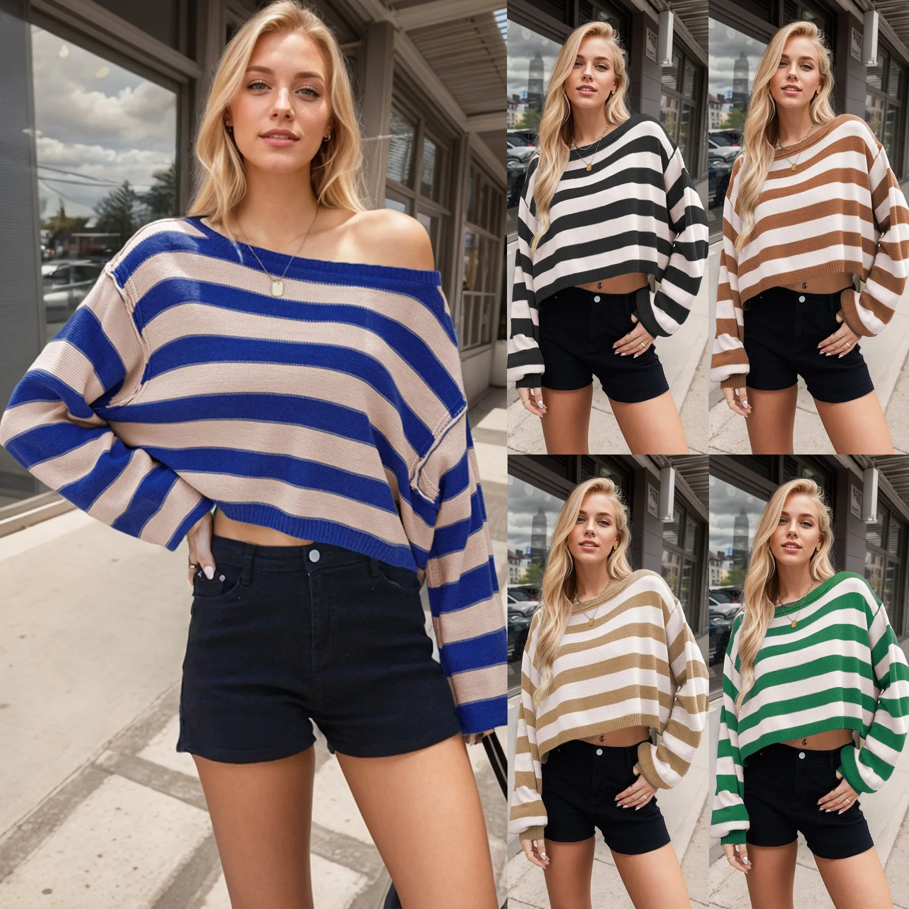 Women's Pullover Sweater Striped Loose Short