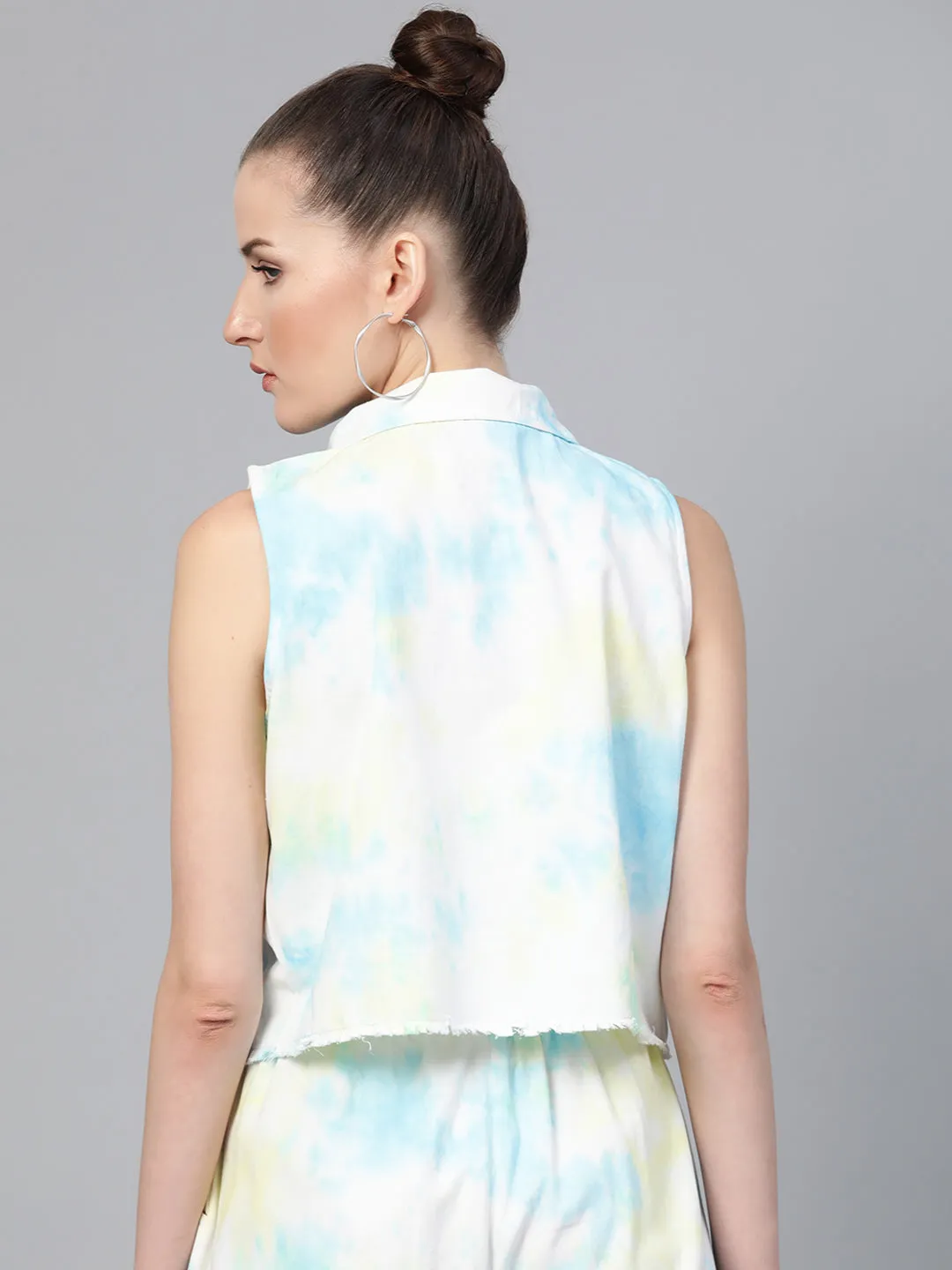 Yellow & Blue Tie-Dye Sleeveless Jacket